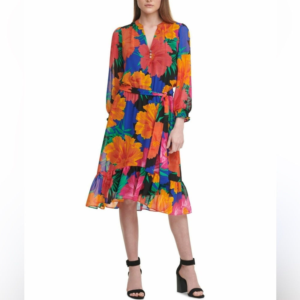 Calvin Klein Vibrant Floral Long Sleeve Dress